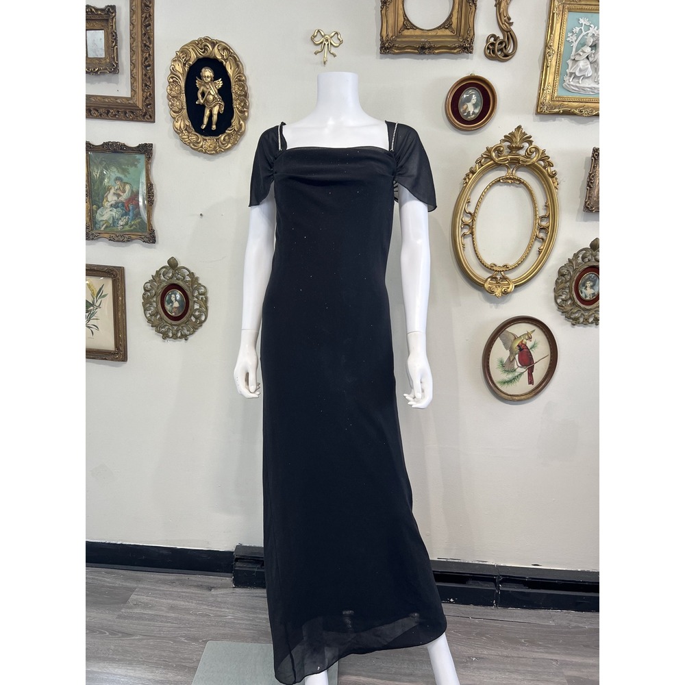 Vintage Y2K Byer Too Black Sparkle Maxi Dress Rhinestone Strap Long Gown Size 13